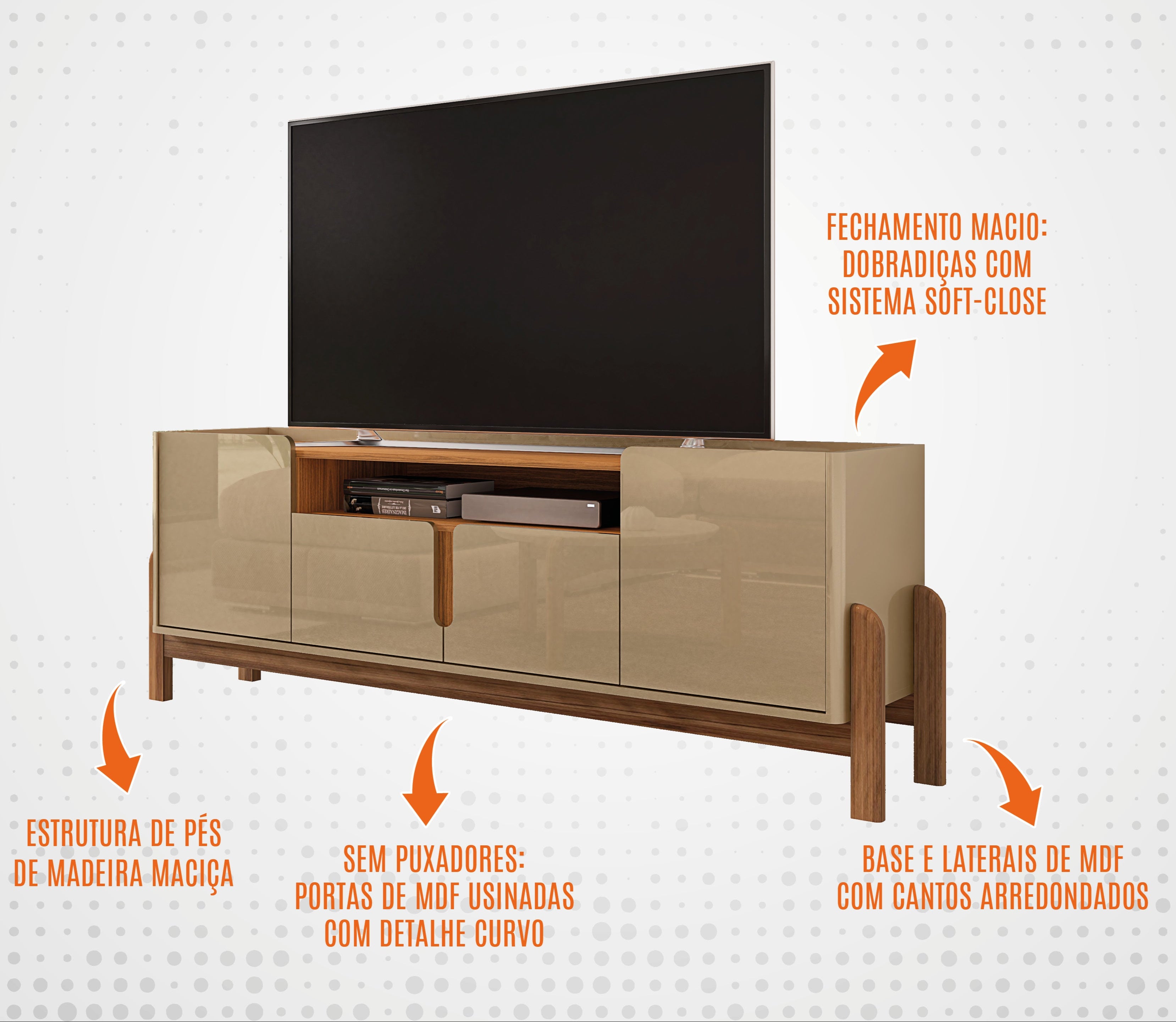 Rack Lizz 190cm para TVs Até 60 Polegadas Com Detalhes Curvo Base de Madeira - LH Móveis