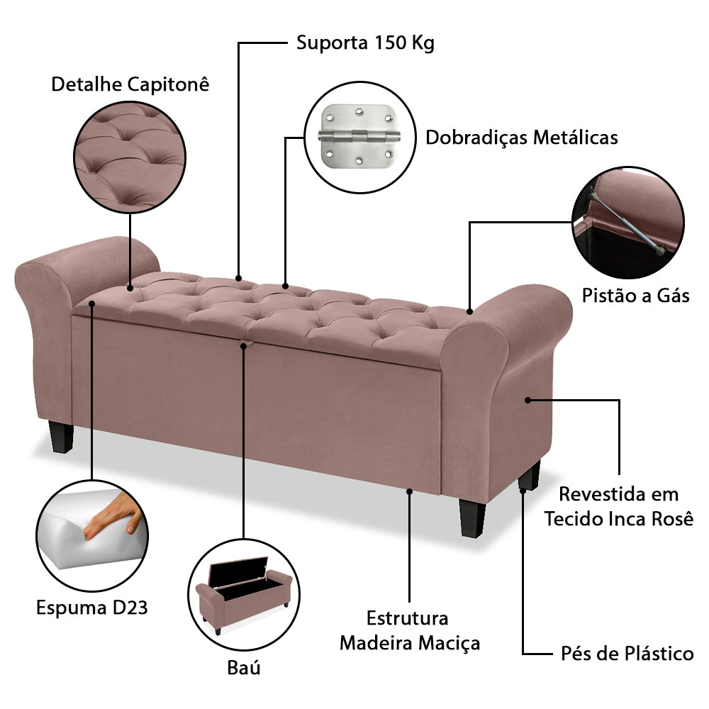Recamier Baú Calçadeira Para Cama Box Queen 150 cm Dubai Estofado com Pés Detalhe Capitonê- LH Móveis