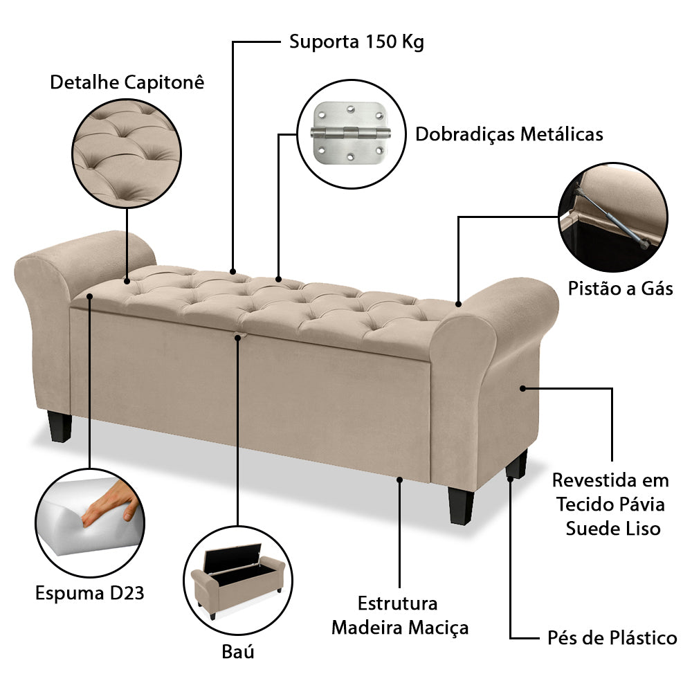 Conjunto Dubai Para Cama Box King 195cm Cabeceira Com Recamier Baú Divã Capitonê Fixação no Box - LH Móveis