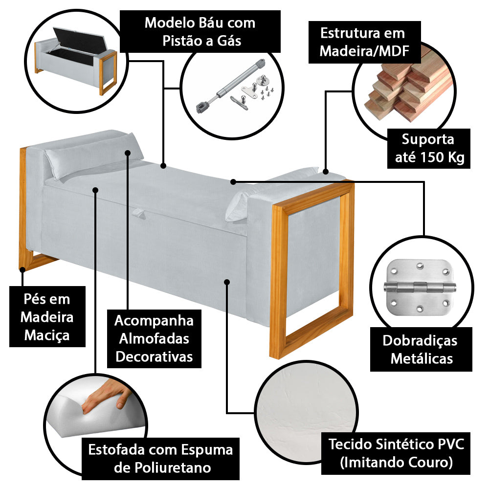 Recamier Baú Banco Imperial Para Cama Queen 150 cm Detalhe de Madeira Capitonê com Pés  - LH Móveis