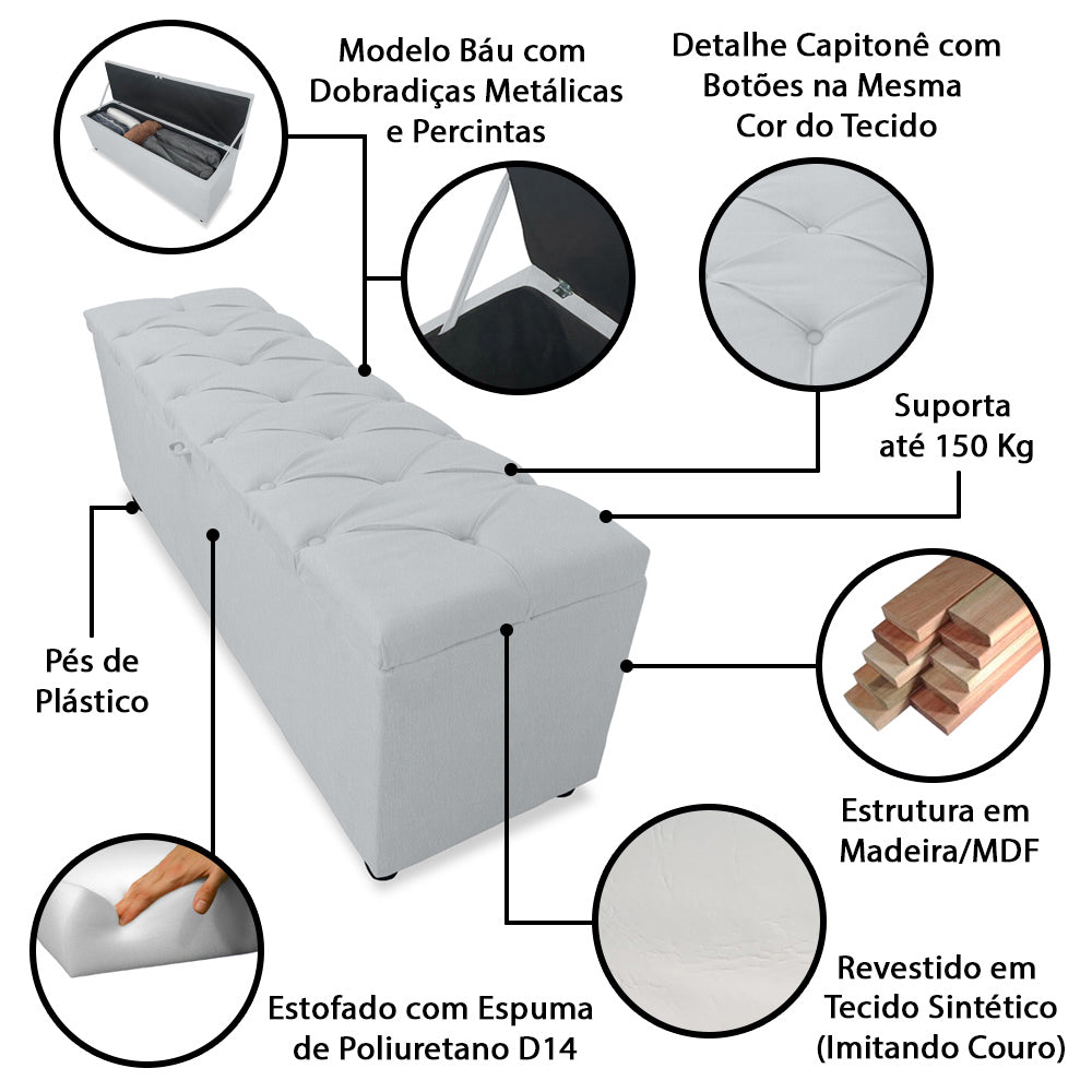 Baú Recamier Capitonê 135cm Para Cama Casal Intense Estrutura em Madeira Pés de Plástico Várias Cores - LH Móveis