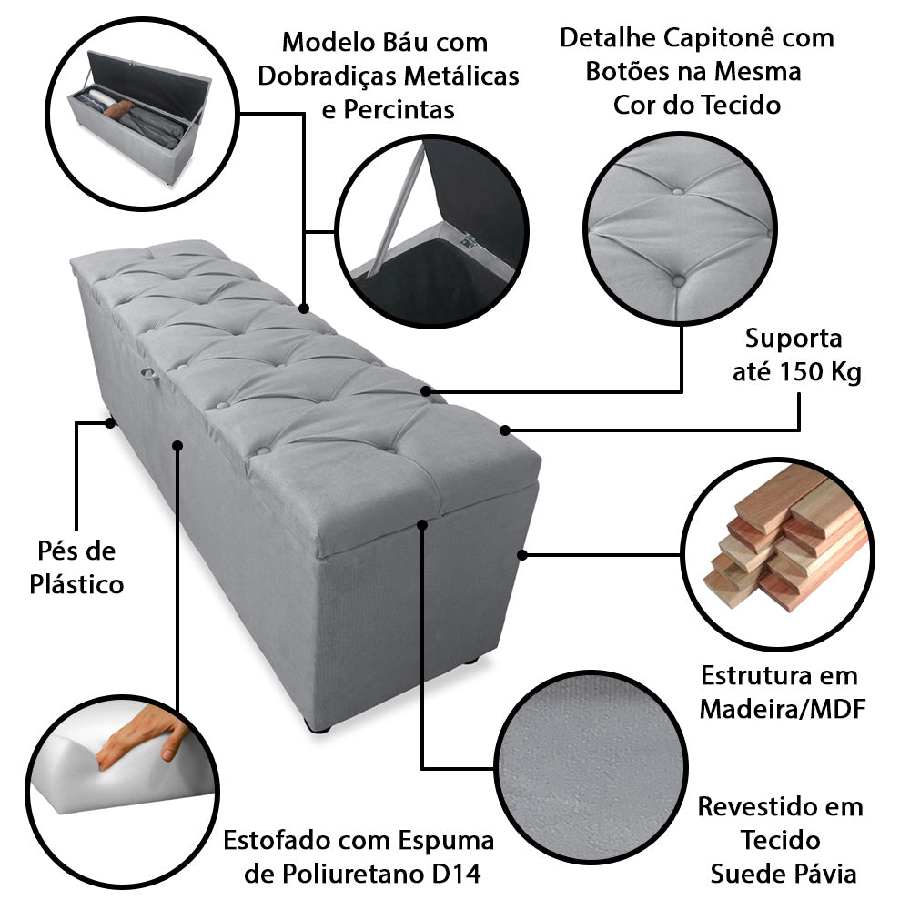 Baú Recamier  155cm Para Cama Queen Intense Detalhe Capitonê Estrutura em Madeira Várias Cores - LH Móveis