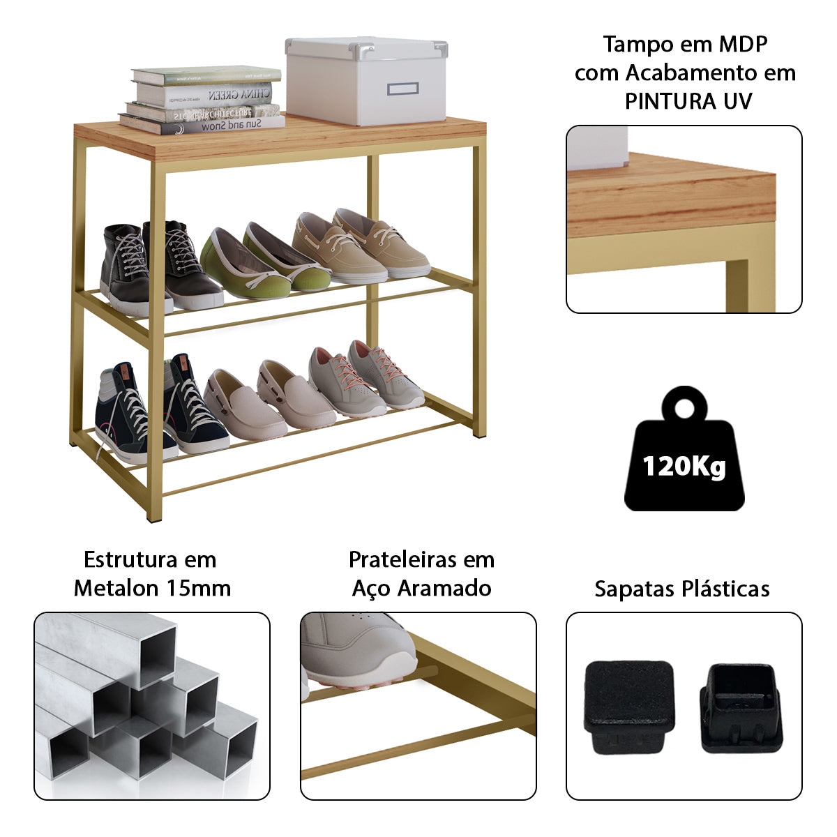 Sapateira Banco Estilo Industrial Tampo em MDP Prateleira em Aço Várias Cores - LH Móveis